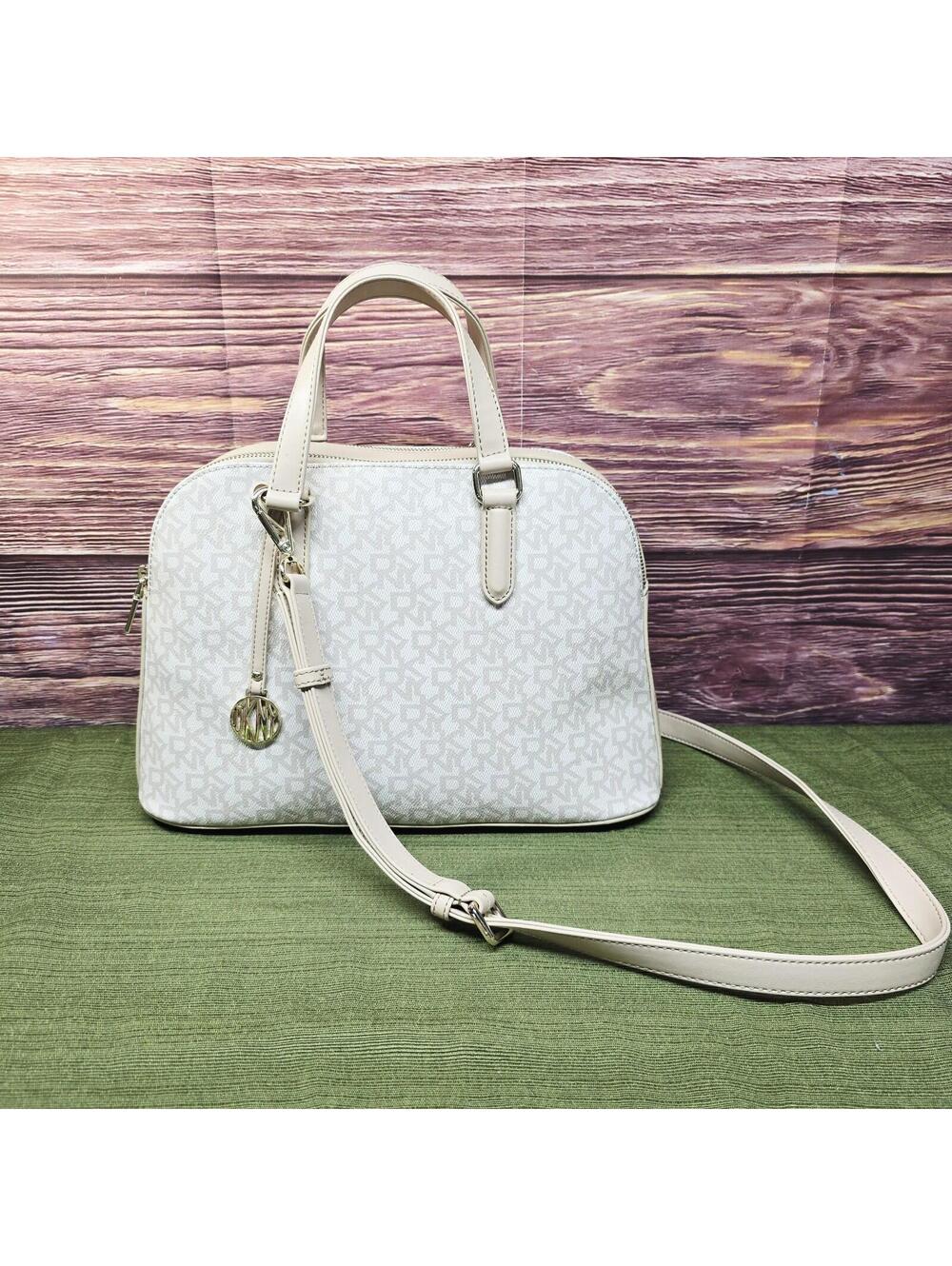 DKNY Heritage Coated Logo Dome Satchel Crossbody Hemp Light Chino N/S MSRP $265